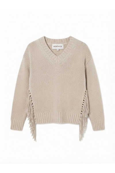  - Pull Col V avec Franges Beige